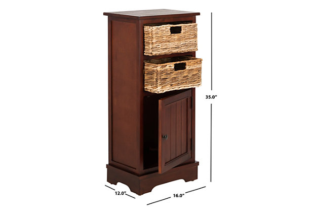 Add a touch of vintage charm to your decor with this stylish storage cabinet. Its rustic red finish and woven seagrass baskets are a charming addition to your modern farmhouse or country cottage aesthetic. When it’s time to clear the decks, a roomy lower cabinet provides ample stowaway space.Made of pine | Red finish | 2 open cubbies with removable woven rattan storage baskets | Cabinet storage | No assembly required