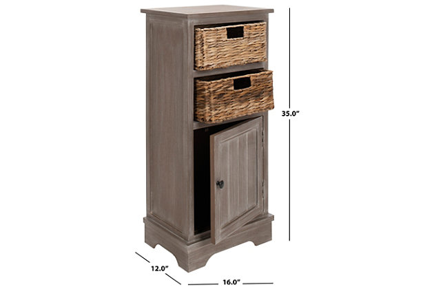 Add a touch of vintage charm to your decor with this stylish storage cabinet. Its rustic whitewash effect and woven seagrass baskets are a charming addition to your modern farmhouse or country cottage aesthetic. When storage is an issue, the roomy lower cabinet provides plenty of stowaway space.Made of pine | Whitewash effect finish | 2 open cubbies with removable woven rattan storage baskets | Cabinet storage | No assembly required