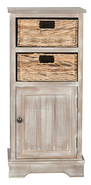 Add a touch of vintage charm to your decor with this stylish storage cabinet. Its rustic whitewash effect and woven seagrass baskets are a charming addition to your modern farmhouse or country cottage aesthetic. When storage is an issue, the roomy lower cabinet provides plenty of stowaway space.Made of pine | Whitewash effect finish | 2 open cubbies with removable woven rattan storage baskets | Cabinet storage | No assembly required