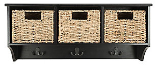 With its black finish and rustic woven baskets, this 3-basket hanging wall shelf is a charming addition to your modern farmhouse or country cottage aesthetic. Wall-mount design frees valuable floor space in the bath, hallway or anywhere you see fit. Three removable baskets and three double hooks keep your items nicely organized and close at hand.Made of wood and engineered wood | Black finish | 3 open cubbies | 3 woven rattan storage baskets | 3 metal hooks with dark iron-tone finish | Mounting hardware not included