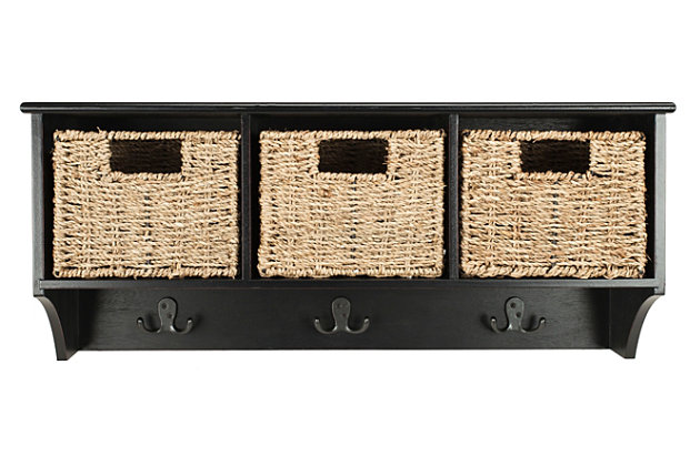 With its black finish and rustic woven baskets, this 3-basket hanging wall shelf is a charming addition to your modern farmhouse or country cottage aesthetic. Wall-mount design frees valuable floor space in the bath, hallway or anywhere you see fit. Three removable baskets and three double hooks keep your items nicely organized and close at hand.Made of wood and engineered wood | Black finish | 3 open cubbies | 3 woven rattan storage baskets | 3 metal hooks with dark iron-tone finish | Mounting hardware not included