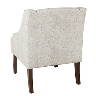 The graceful swoop-arm styling of this accent chair sets the tone for all proclaimed casually cool spaces. A rich wood finish, designer fabric and welted cushions perfect the laid-back vibe.Made of wood and engineered wood | Attached cushions | Medium firm foam and sinuous spring cushions | Woven cream and gray fabric upholstery with stencil pattern | Welted seams | Exposed legs with walnut finish | Assembly required