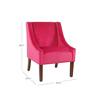 The graceful swoop-arm styling of this accent chair sets the tone for all proclaimed casually cool spaces. A rich wood finish, designer fabric and welted cushions perfect the laid-back vibe.Made of wood and engineered wood | Attached cushions | Medium firm foam and sinuous spring cushions | Deep pink velvet upholstery | Welted seams | Exposed legs with walnut finish | Assembly required