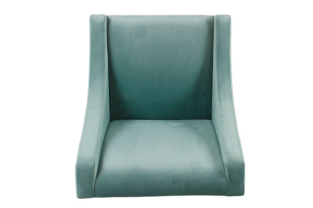 The graceful swoop-arm styling of this accent chair sets the tone for all proclaimed casually cool spaces. A rich wood finish, designer fabric and welted cushions perfect the laid-back vibe.Made of wood and engineered wood | Attached cushions | Medium firm foam and sinuous spring cushions | Light aqua velvet upholstery | Welted seams | Exposed legs with walnut finish | Assembly required