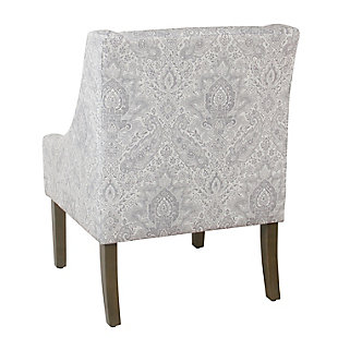 The graceful swoop-arm styling of this accent chair sets the tone for all proclaimed casually cool spaces. A rich wood finish, designer fabric and welted cushions perfect the laid-back vibe.Made of wood and engineered wood | Attached cushions | Medium firm foam and sinuous spring cushions | Woven gray and cream fabric upholstery with damask design | Welted seams | Exposed legs with walnut finish | Assembly required