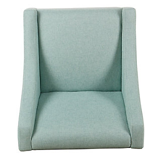 The graceful swoop-arm styling of this accent chair sets the tone for all proclaimed casually cool spaces. A rich wood finish, designer fabric and welted cushions perfect the laid-back vibe.Made of wood and engineered wood | Attached cushions | Medium firm foam and sinuous spring cushions | Woven textured light aqua fabric upholstery | Welted seams | Exposed legs with walnut finish | Assembly required