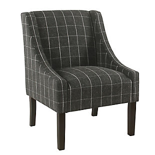 The graceful swoop-arm styling of this accent chair sets the tone for all proclaimed casually cool spaces. A rich wood finish, designer fabric and welted cushions perfect the laid-back vibe.Made of wood and engineered wood | Attached cushions | Medium firm foam and sinuous spring cushions | Woven black fabric upholstery with windowpane design | Welted seams | Exposed legs with walnut finish | Assembly required