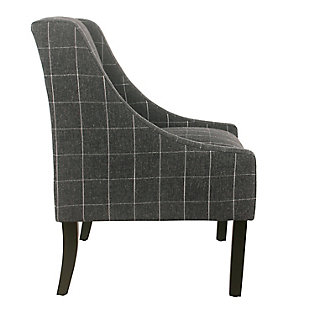 The graceful swoop-arm styling of this accent chair sets the tone for all proclaimed casually cool spaces. A rich wood finish, designer fabric and welted cushions perfect the laid-back vibe.Made of wood and engineered wood | Attached cushions | Medium firm foam and sinuous spring cushions | Woven black fabric upholstery with windowpane design | Welted seams | Exposed legs with walnut finish | Assembly required