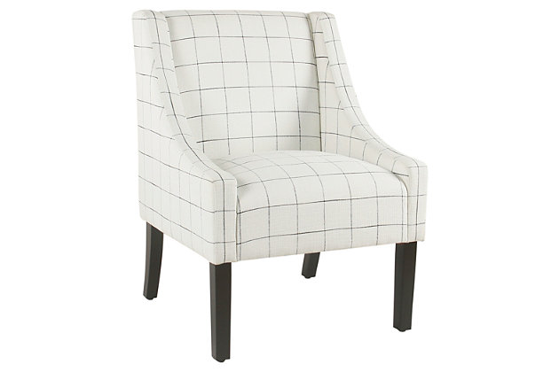 The graceful swoop-arm styling of this accent chair sets the tone for all proclaimed casually cool spaces. A rich wood finish, designer fabric and welted cushions perfect the laid-back vibe.Made of wood and engineered wood | Attached cushions | Medium firm foam and sinuous spring cushions | Woven white fabric upholstery with windowpane design | Welted seams | Exposed legs with walnut finish | Assembly required