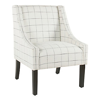 The graceful swoop-arm styling of this accent chair sets the tone for all proclaimed casually cool spaces. A rich wood finish, designer fabric and welted cushions perfect the laid-back vibe.Made of wood and engineered wood | Attached cushions | Medium firm foam and sinuous spring cushions | Woven white fabric upholstery with windowpane design | Welted seams | Exposed legs with walnut finish | Assembly required | Ships directly from third party vendor. See Warranty Information page for terms & conditions.