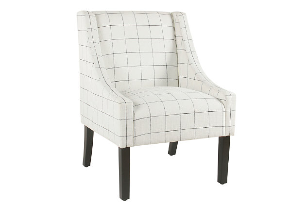 The graceful swoop-arm styling of this accent chair sets the tone for all proclaimed casually cool spaces. A rich wood finish, designer fabric and welted cushions perfect the laid-back vibe.Made of wood and engineered wood | Attached cushions | Medium firm foam and sinuous spring cushions | Woven white fabric upholstery with windowpane design | Welted seams | Exposed legs with walnut finish | Assembly required