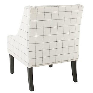 The graceful swoop-arm styling of this accent chair sets the tone for all proclaimed casually cool spaces. A rich wood finish, designer fabric and welted cushions perfect the laid-back vibe.Made of wood and engineered wood | Attached cushions | Medium firm foam and sinuous spring cushions | Woven white fabric upholstery with windowpane design | Welted seams | Exposed legs with walnut finish | Assembly required | Ships directly from third party vendor. See Warranty Information page for terms & conditions.