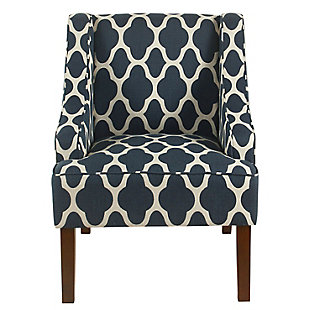 The graceful swoop-arm styling of this accent chair sets the tone for all proclaimed casually cool spaces. A rich wood finish, designer fabric and welted cushions perfect the laid-back vibe.Made of wood and engineered wood | Attached cushions | Medium firm foam and sinuous spring cushions | Navy and white upholstery | Welted seams | Exposed legs with walnut finish | Assembly required