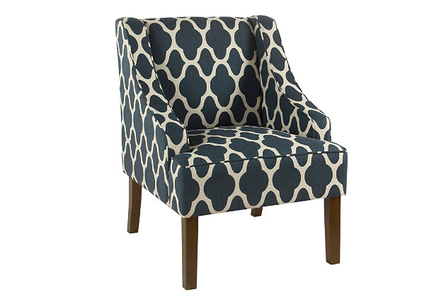 The graceful swoop-arm styling of this accent chair sets the tone for all proclaimed casually cool spaces. A rich wood finish, designer fabric and welted cushions perfect the laid-back vibe.Made of wood and engineered wood | Attached cushions | Medium firm foam and sinuous spring cushions | Navy and white upholstery | Welted seams | Exposed legs with walnut finish | Assembly required