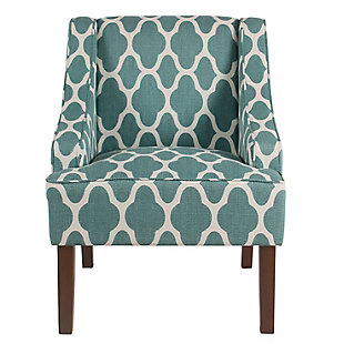 The graceful swoop-arm styling of this accent chair sets the tone for all proclaimed casually cool spaces. A rich wood finish, designer fabric and welted cushions perfect the laid-back vibe.Made of wood and engineered wood | Attached cushions | Medium firm foam and sinuous spring cushions | Light teal and white upholstery | Welted seams | Exposed legs with walnut finish | Assembly required
