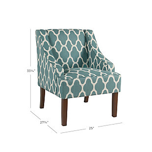 The graceful swoop-arm styling of this accent chair sets the tone for all proclaimed casually cool spaces. A rich wood finish, designer fabric and welted cushions perfect the laid-back vibe.Made of wood and engineered wood | Attached cushions | Medium firm foam and sinuous spring cushions | Light teal and white upholstery | Welted seams | Exposed legs with walnut finish | Assembly required