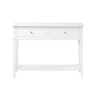 Whether dressing up your living room or organizing your entryway, this console table in white is loaded with charm and potential. Sure to look right at home in modern farmhouse and cottage chic settings, this accent table with two drawers and a display shelf is compact yet accommodating.Made of wood and engineered wood | 2 drawers | Fixed shelf | Assembly required
