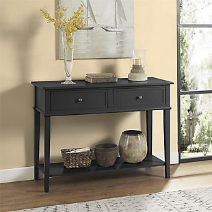 Whether dressing up your living room or organizing your entryway, this console table in black is loaded with charm and potential. Sure to look right at home in modern farmhouse and cottage chic settings, this accent table with two drawers and a display shelf is compact yet accommodating.The versatile Ameriwood Home Cottage Hill Console Table can be used however you need to dress up your space | Made of painted MDF and solid wood legs, the black finish gives the Table a modern feel | Display family photos to create a cozy feel for your living room or dress up open unused space with decorations and collectibles. The open lower shelf can display more decorations or add baskets to add more storage for extra throws and pillows. The 2 drawers keep small items stored away and organized. Use as an entryway table to have everything you need to walk out of the door in one place | Finish your space with the entire Cottage Hill collection (sold separately) | The Console Table ships flat to your door and 2 adults are recommended to assemble. The table top can hold 75 lbs. and the lower shelf will hold 20 lbs. Each drawer holds up to 15 lbs. Assembled dimensions: 30”H x 41.1”W x 15.6”D | Ameriwood Home warrants this product to be free from defects and agrees to remedy any such defect. This warranty covers one year from the date of original purchase