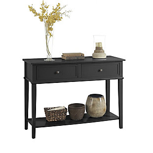 Whether dressing up your living room or organizing your entryway, this console table in black is loaded with charm and potential. Sure to look right at home in modern farmhouse and cottage chic settings, this accent table with two drawers and a display shelf is compact yet accommodating.The versatile Ameriwood Home Cottage Hill Console Table can be used however you need to dress up your space | Made of painted MDF and solid wood legs, the black finish gives the Table a modern feel | Display family photos to create a cozy feel for your living room or dress up open unused space with decorations and collectibles. The open lower shelf can display more decorations or add baskets to add more storage for extra throws and pillows. The 2 drawers keep small items stored away and organized. Use as an entryway table to have everything you need to walk out of the door in one place | Finish your space with the entire Cottage Hill collection (sold separately) | The Console Table ships flat to your door and 2 adults are recommended to assemble. The table top can hold 75 lbs. and the lower shelf will hold 20 lbs. Each drawer holds up to 15 lbs. Assembled dimensions: 30”H x 41.1”W x 15.6”D | Ameriwood Home warrants this product to be free from defects and agrees to remedy any such defect. This warranty covers one year from the date of original purchase