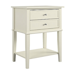 Whether flanking a sofa or chair or serving as a dreamy nightstand, this accent table in white is loaded with charm and potential. Sure to look right at home in modern farmhouse and cottage chic settings, this accent table with two drawers and a display shelf is compact yet accommodating.Made of wood and engineered wood | 2 drawers | Fixed shelf | Assembly required | Small space solution