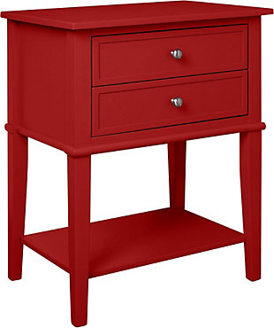 Whether flanking a sofa or chair or serving as a dreamy nightstand, this accent table in red is loaded with charm and potential. Sure to look right at home in modern farmhouse and cottage chic settings, this accent table with two drawers and a display shelf is compact yet accommodating.Made of wood and engineered wood | 2 drawers | Fixed shelf | Assembly required