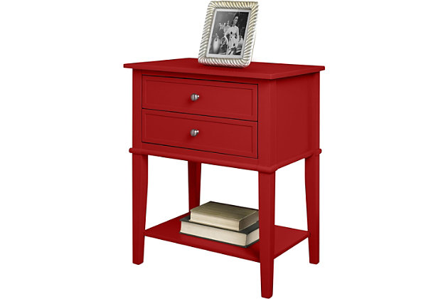 Whether flanking a sofa or chair or serving as a dreamy nightstand, this accent table in red is loaded with charm and potential. Sure to look right at home in modern farmhouse and cottage chic settings, this accent table with two drawers and a display shelf is compact yet accommodating.Made of wood and engineered wood | 2 drawers | Fixed shelf | Assembly required