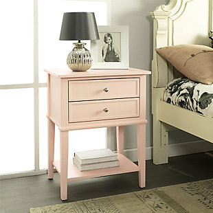 Whether flanking a sofa or chair or serving as a dreamy nightstand, this accent table in pink is loaded with charm and potential. Sure to look right at home in modern farmhouse and cottage chic settings, this accent table with two drawers and a display shelf is compact yet accommodating.Made of wood and engineered wood | 2 drawers | Fixed shelf | Assembly required