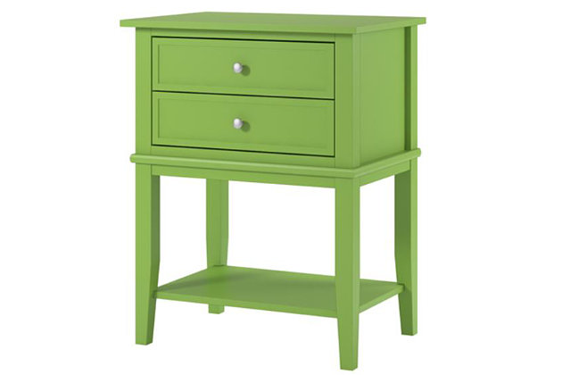 Whether flanking a sofa or chair or serving as a dreamy nightstand, this accent table in green is loaded with charm and potential. Sure to look right at home in modern farmhouse and cottage chic settings, this accent table with two drawers and a display shelf is compact yet accommodating.Made of wood and engineered wood | 2 drawers | Fixed shelf | Assembly required | Small space solution