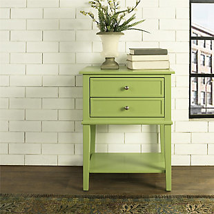 Whether flanking a sofa or chair or serving as a dreamy nightstand, this accent table in green is loaded with charm and potential. Sure to look right at home in modern farmhouse and cottage chic settings, this accent table with two drawers and a display shelf is compact yet accommodating.Made of wood and engineered wood | 2 drawers | Fixed shelf | Assembly required | Small space solution