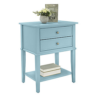 Whether flanking a sofa or chair or serving as a dreamy nightstand, this accent table in blue is loaded with charm and potential. Sure to look right at home in modern farmhouse and cottage chic settings, this accent table with two drawers and a display shelf is compact yet accommodating.Made of wood and engineered wood | 2 drawers | Fixed shelf | Assembly required