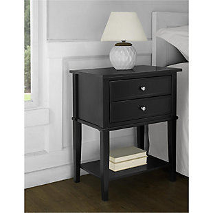 Whether flanking a sofa or chair or serving as a dreamy nightstand, this accent table in black is loaded with charm and potential. Sure to look right at home in modern farmhouse and cottage chic settings, this accent table with two drawers and a display shelf is compact yet accommodating.Made of wood and engineered wood | 2 drawers | Fixed shelf | Assembly required