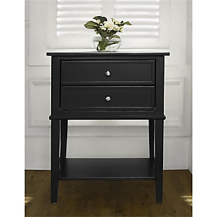 Whether flanking a sofa or chair or serving as a dreamy nightstand, this accent table in black is loaded with charm and potential. Sure to look right at home in modern farmhouse and cottage chic settings, this accent table with two drawers and a display shelf is compact yet accommodating.Made of wood and engineered wood | 2 drawers | Fixed shelf | Assembly required