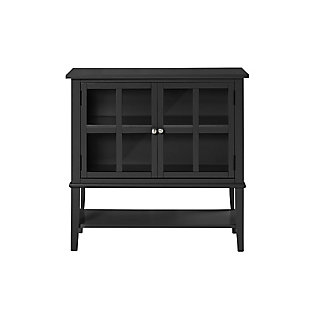 Master the art of organization in an entryway, main living area or home office with this highly versatile 2-door storage cabinet in black. Glass-front double doors with mullion frame reveal a roomy storage cabinet with adjustable shelving. Lower shelf makes this compact piece that much more accommodating.Made of wood and engineered wood | 2 doors with glass panels | Adjustable door hinges | Adjustable cabinet shelf; fixed lower shelf | Assembly required