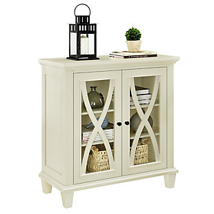 Say hello to style and goodbye to clutter with this simply elegant accent cabinet in ivory. Loaded with versatility, this 2-door storage cabinet with trio-level storage is dressed to impress with decorative mouldings and glass-front double doors with curved X overlays. What a striking way to master the art of organization.Made of engineered wood | 2 doors with glass panels | 2 shelves (3 levels) of storage | Black knobs | Assembly required