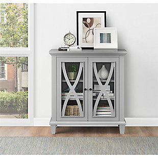 Say hello to style and goodbye to clutter with this simply elegant accent cabinet in gray. Loaded with versatility, this 2-door storage cabinet with trio-level storage is dressed to impress with decorative mouldings and glass-front double doors with curved X overlays. What a striking way to master the art of organization.Made of engineered wood | 2 doors with glass panels | 2 shelves (3 levels) of storage | Black knobs | Assembly required