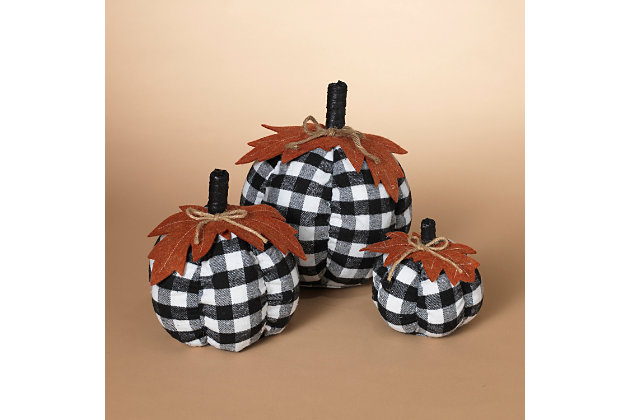 Enjoy endless possibilities for autumn decorating with these gourd-geous pumpkin accents. Bold black and white buffalo plaid is the perfect accompaniment to an array of seasonal decor. A rustic rope ribbon and leaf accents enhance the aesthetic beautifully.Set of 3 | Made of polyester and cotton