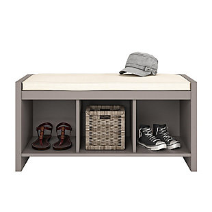Take a seat—anywhere you like—with this stylish and versatile storage bench. An ideal addition to your entryway or mudroom, it’s also equally welcome at the foot of the bed. Three open cubbies provide plenty of options for storage. Wrapped in a light beige fabric, the thickly padded seat caters to your comfort.Made of engineered wood | Gray-brown finish | 3 cubbies | Foam cushioned seat | Beige polyester upholstery | Assembly required
