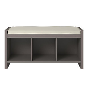 Take a seat—anywhere you like—with this stylish and versatile storage bench. An ideal addition to your entryway or mudroom, it’s also equally welcome at the foot of the bed. Three open cubbies provide plenty of options for storage. Wrapped in a light beige fabric, the thickly padded seat caters to your comfort.Made of engineered wood | Gray-brown finish | 3 cubbies | Foam cushioned seat | Beige polyester upholstery | Assembly required