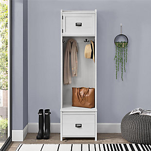 Whether you’re coming or going, you’re sure to appreciate the charm and practicality of this hall tree. An essential for an entryway, foyer or mudroom, it’s home to everything you need. Four double hooks nicely accommodate coats, umbrellas and keys, while the bench is the perfect spot to swap out your shoes. Upper and lower storage spaces make room for hats, handbags and more.Made of laminated engineered wood | Weathered white woodgrain finish | Barn door detail on sides | Upper cabinet, lower drawer, built-in bench and open space with 4 double hooks | Bin-pull hardware with label holder | Drawer with durable metal slides | Anti-tip kit included | Assembly required