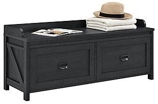 Whether you’re coming or going, you’re sure to appreciate the charm and practicality of this storage bench. An essential for an entryway, foyer or mudroom, it’s home to everything you need. This spacious bench offers a place to perch your handbag or swap out your shoes, while the roomy storage drawers provide plenty of ways to stay organized.Made of laminated engineered wood | Weathered black woodgrain finish | Barn door detail on sides | 2 storage drawers with faux linen lining | Bin-pull hardware with label holder | Drawers with durable metal slides | Assembly required