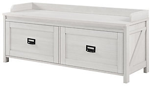 Whether you’re coming or going, you’re sure to appreciate the charm and practicality of this storage bench. An essential for an entryway, foyer or mudroom, it’s home to everything you need. This spacious bench offers a place to perch your handbag or swap out your shoes, while the roomy storage drawers provide plenty of ways to stay organized.Made of laminated engineered wood | Weathered white woodgrain finish | Barn door detail on sides | 2 storage drawers with faux linen lining | Bin-pull hardware with label holder | Drawers with durable metal slides | Assembly required