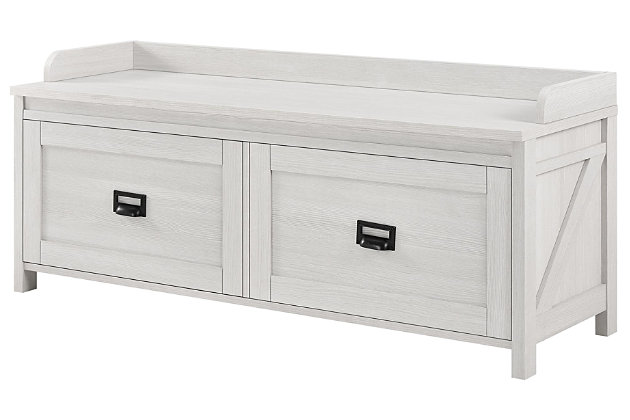 Whether you’re coming or going, you’re sure to appreciate the charm and practicality of this storage bench. An essential for an entryway, foyer or mudroom, it’s home to everything you need. This spacious bench offers a place to perch your handbag or swap out your shoes, while the roomy storage drawers provide plenty of ways to stay organized.Made of laminated engineered wood | Weathered white woodgrain finish | Barn door detail on sides | 2 storage drawers with faux linen lining | Bin-pull hardware with label holder | Drawers with durable metal slides | Assembly required