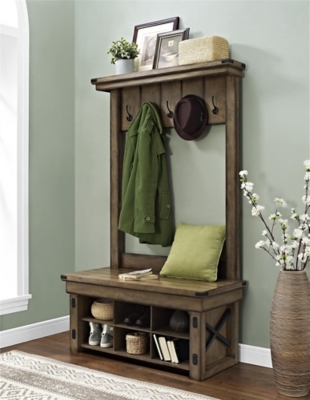 Industrial Hall Tree with Side Storage Shelves, Entryway Bench