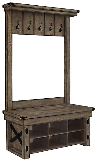 Add form and functionality to your foyer, entryway or mudroom with this wood and metal hall tree. Featuring five hooks, six cubbies and an upper display shelf, it provides plenty of space to store your jackets, hats, shoes and more, without wasting living space. The light brown finish of the wood veneer is contrasted with black metal accents for a rustic-industrial vibe with a sophisticated edge.Made of wood veneer and metal | Light brown finish with gray undertones and black metal accents | 5 metal hooks for hanging hats, coats or scarves | 6 storage cubbies | Top shelf display space and built-in bench | Assembly required
