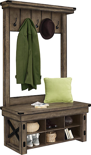Add form and functionality to your foyer, entryway or mudroom with this wood and metal hall tree. Featuring five hooks, six cubbies and an upper display shelf, it provides plenty of space to store your jackets, hats, shoes and more, without wasting living space. The light brown finish of the wood veneer is contrasted with black metal accents for a rustic-industrial vibe with a sophisticated edge.Made of wood veneer and metal | Light brown finish with gray undertones and black metal accents | 5 metal hooks for hanging hats, coats or scarves | 6 storage cubbies | Top shelf display space and built-in bench | Assembly required
