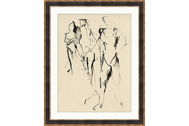 Add an urban edge to your decor with this abstract figures sketch. This giclee reproduction is framed for true city style.Giclee reproduction | Matte paper/matboard | Polystyrene moulding | Dark gray and goldtone frame | Wired for hanging