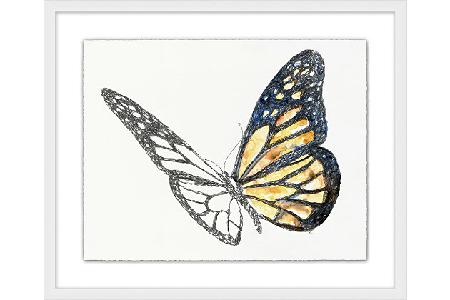With a deckled edge, this artistic sketch of a monarch butterfly is unfinished in pen and ink with washes of watercolor. Floating on a mat and framed in white, this striking specimen adds an artistic flair to any space.Giclee reproduction | Deckled matte paper/matboard | Pen and ink detailing with washes of watercolor | Wood moulding | Glass glazing | Matte white frame | Wired for hanging