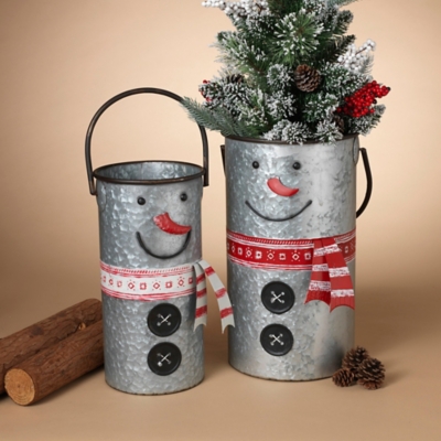 Decorative Nesting Metal Snowman Buckets (set Of 2), Red/Silver Finish