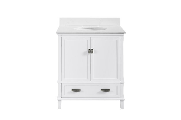 Easily change your bathroom’s aesthetic through the modern functionality and traditional styling of this bathroom vanity. A perfect addition to any bathroom or powder room, it has a solid stance and ample storage to update your space. Beneath a lustrous and durable engineered stone countertop is a beautifully integrated white porcelain sink. Equipped with two shaker-style soft-closing cabinet doors with gleaming nickel-tone hardware and a lower drawer to stow all your bathroom essentials, this vanity features a white finish and a lacquer coating.Made of wood, engineered wood and veneer | 30" vanity with engineered stone top, porcelain sink, cabinet and drawer | White multi-coat paint finish with a lacquer coating | Soft gray countertop with white sink | Nickel-tone fixtures and hardware