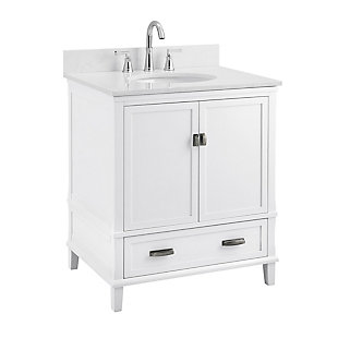 Easily change your bathroom’s aesthetic through the modern functionality and traditional styling of this bathroom vanity. A perfect addition to any bathroom or powder room, it has a solid stance and ample storage to update your space. Beneath a lustrous and durable engineered stone countertop is a beautifully integrated white porcelain sink. Equipped with two shaker-style soft-closing cabinet doors with gleaming nickel-tone hardware and a lower drawer to stow all your bathroom essentials, this vanity features a white finish and a lacquer coating.Made of wood, engineered wood and veneer | 30" vanity with engineered stone top, porcelain sink, cabinet and drawer | White multi-coat paint finish with a lacquer coating | Soft gray countertop with white sink | Nickel-tone fixtures and hardware
